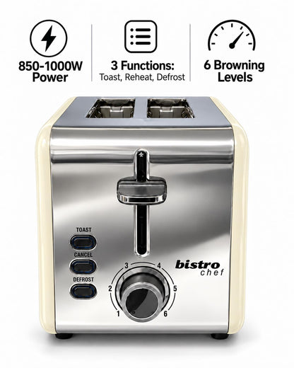 Bistro Chef 2 Slice Toaster 1000W Wide Slot Retro Style Kitchen - Cream