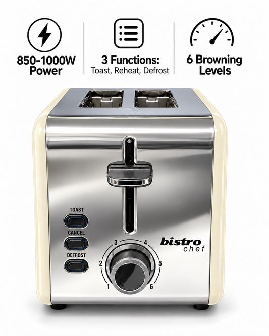 Bistro Chef 2 Slice Toaster 1000W Wide Slot Retro Style Kitchen - Cream