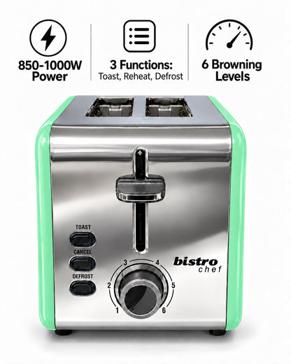 Bistro Chef 2 Slice Toaster 1000W Wide Slot Retro Style Kitchen - Green