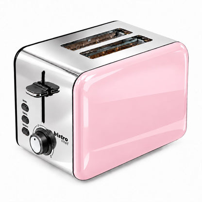 Bistro Chef 2 Slice Toaster 1000W Wide Slot Retro Style Kitchen - Pink