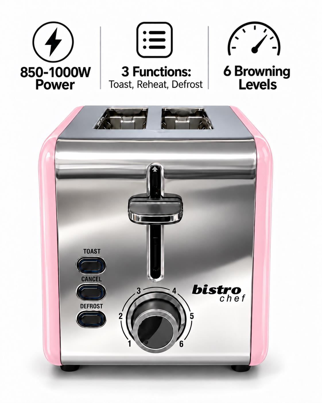 Bistro Chef 2 Slice Toaster 1000W Wide Slot Retro Style Kitchen - Pink