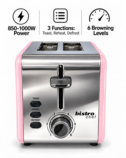 Bistro Chef 2 Slice Toaster 1000W Wide Slot Retro Style Kitchen - Pink
