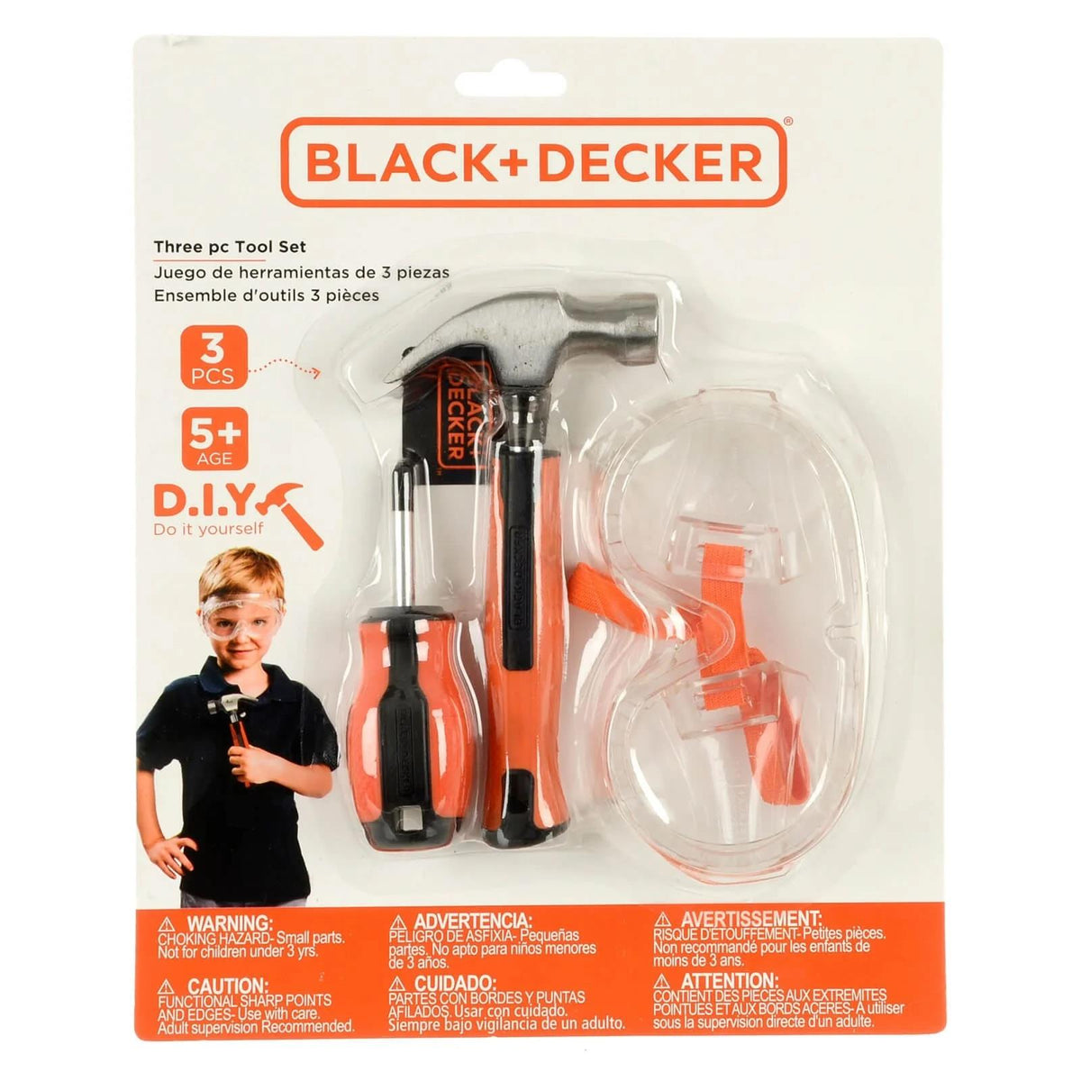 Black + Decker Kids 3 Piece Tool Set – Screwdriver, Hammer & Goggles Pretend Play
