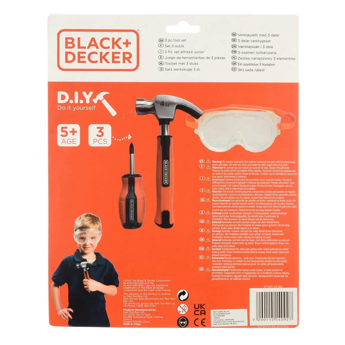 Black + Decker Kids 3 Piece Tool Set – Screwdriver, Hammer & Goggles Pretend Play
