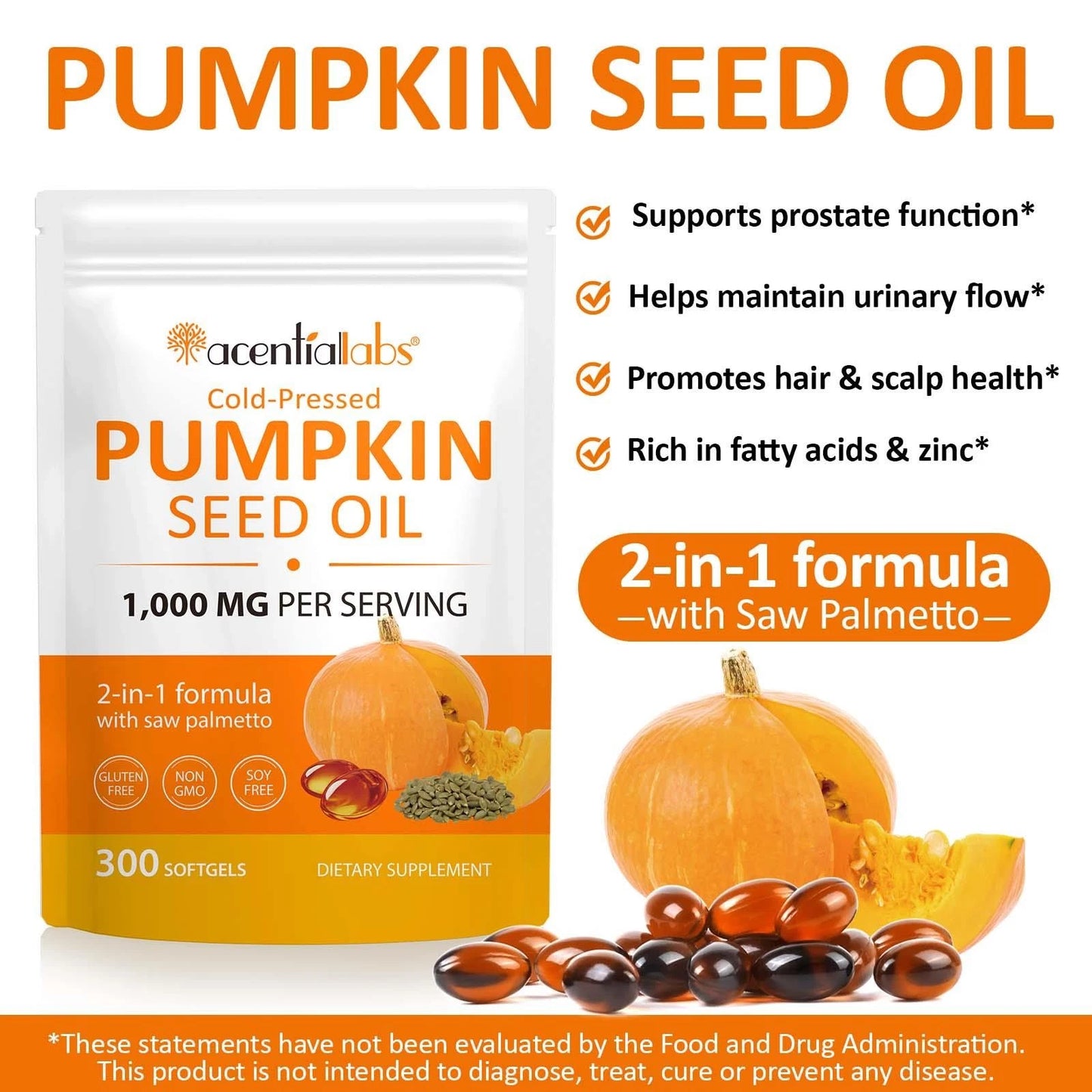 Pumpkin Seed Oil Capsules Cold Pressed Hair 300 , Heart & Skin Support 1000Mgs
